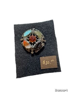 Vintage Multi-Stone Round Brooch with Amber Center